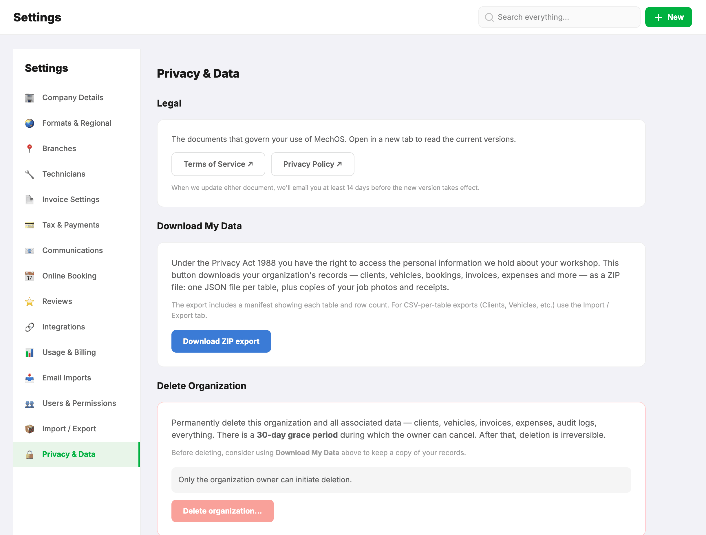 Settings → Privacy & Data: links to the Terms of Service and Privacy Policy, Download My Data (a ZIP of your records and photos), and Delete Organization with its 30-day grace period