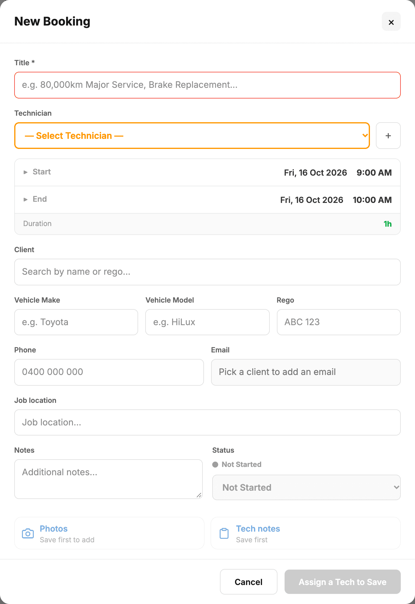 The New Booking form: title, technician, start and end, client, vehicle, phone, email, job location, notes and status