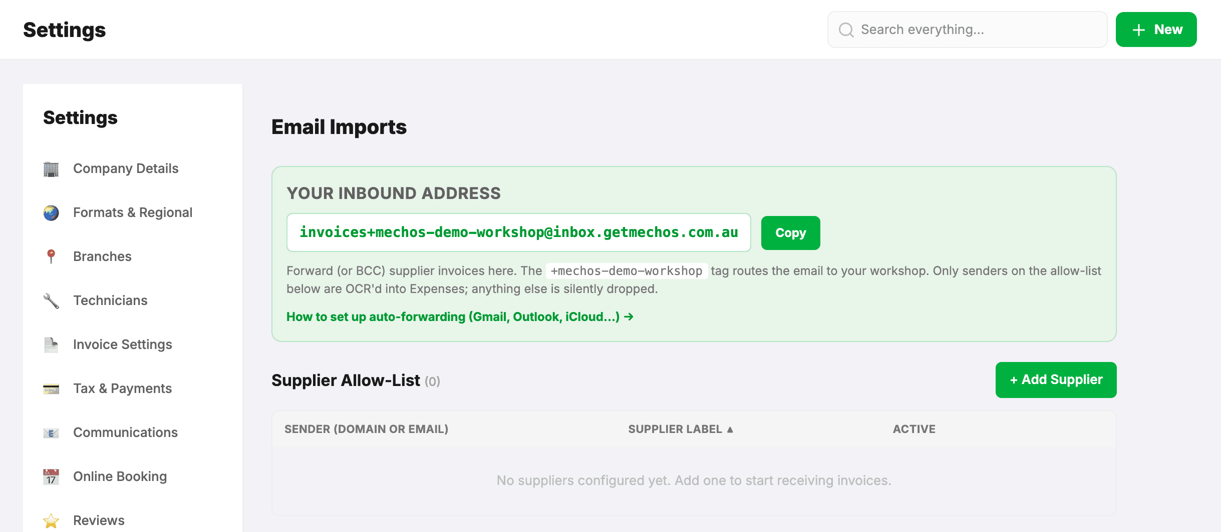 Settings → Email Imports: the workshop's own inbound address with a Copy button and a link to the auto-forwarding guide, above an empty supplier allow-list with + Add Supplier