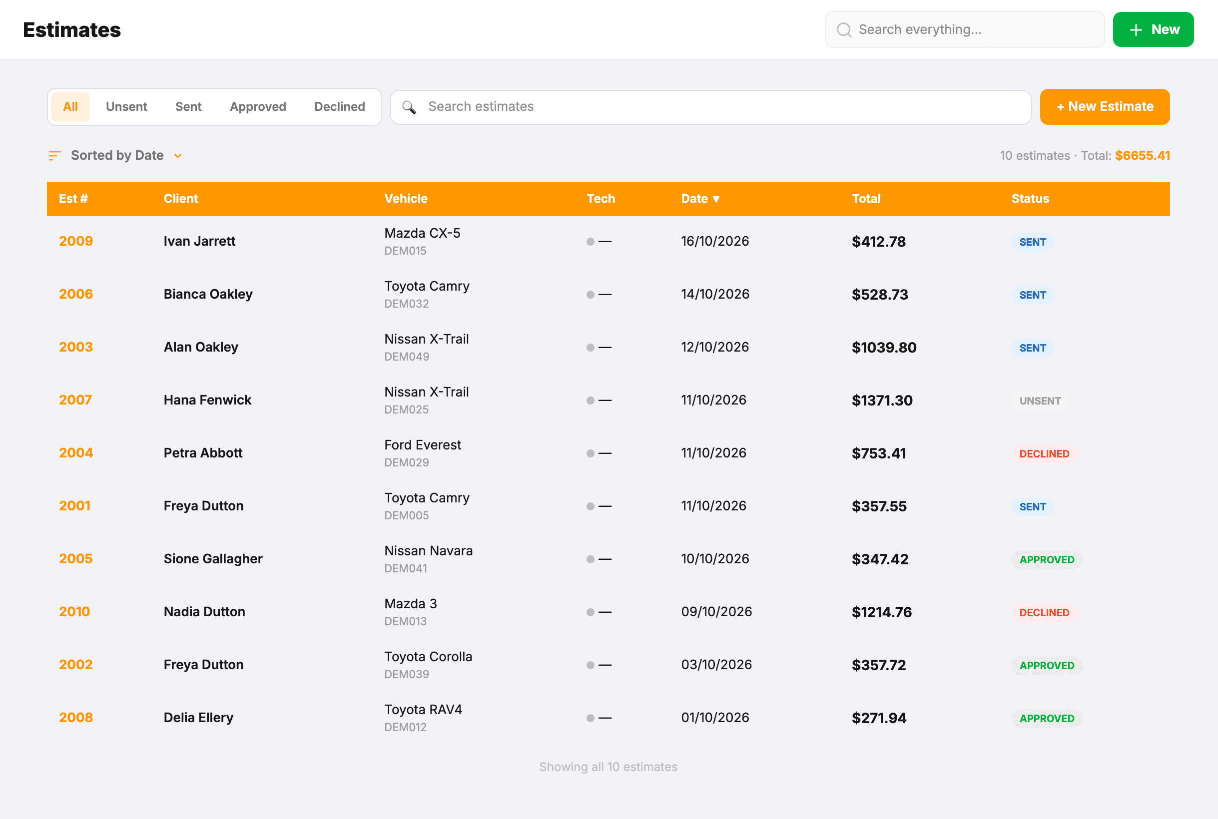 The Estimates list: each estimate's number, client, vehicle, date, total and status (sent, approved, declined or unsent), with tabs to filter by status