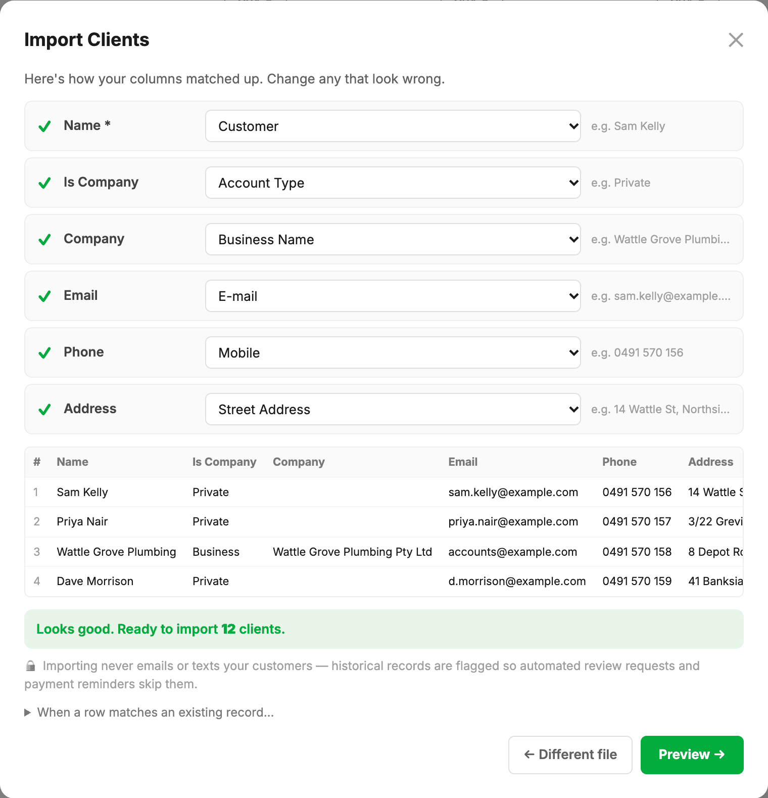 Importing clients: each column of an old system's export (Customer, Mobile, Street Address and more) matched to a MechOS field with an example, and a preview of the first rows