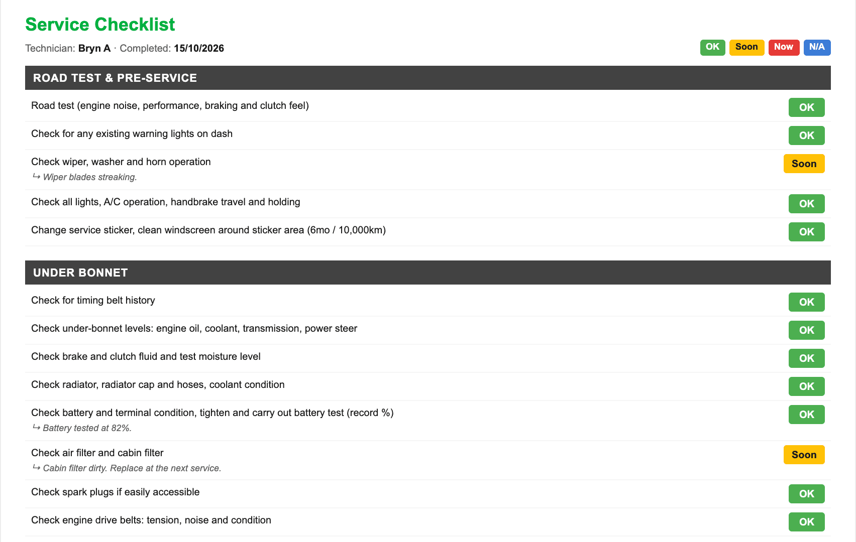 A finished service checklist opened on an invoice: road test and under-bonnet checks, each marked OK or Soon, with the technician's note under each line that needs attention
