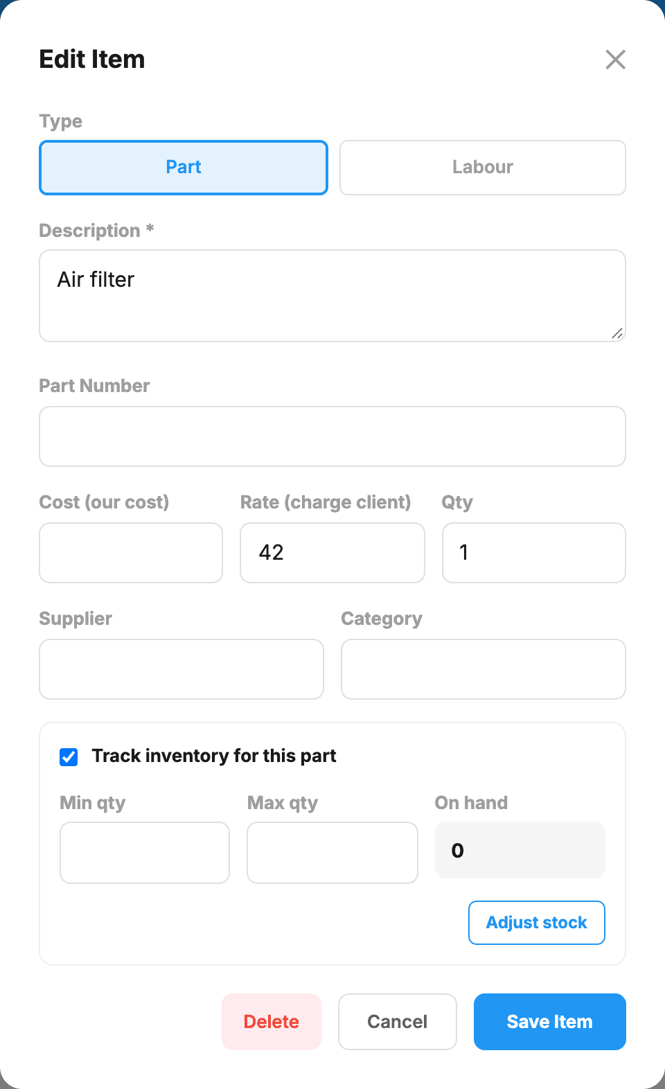 A part's Edit Item form: description, part number, cost, rate, quantity, supplier and category, with Track inventory for this part ticked to show minimum and maximum quantities, stock on hand and the Adjust stock button