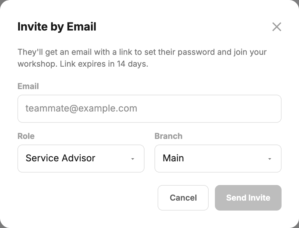The Invite by Email box: an email address, a role and a branch, and a note that the invite link expires in 14 days