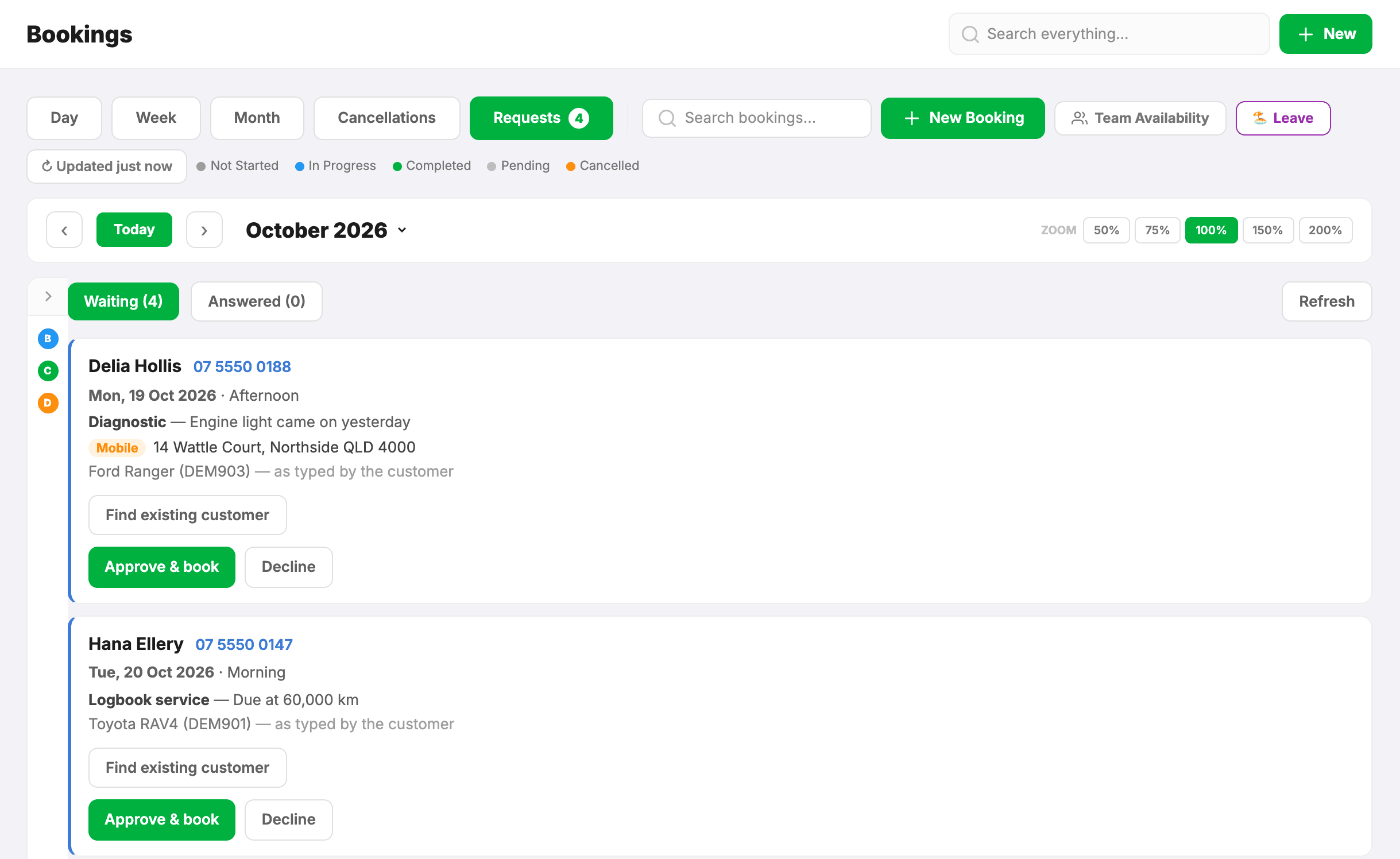 Bookings → Requests: four online booking requests waiting, each with the customer's name and phone, the day they'd like, what the job is and the car as they typed it, with Approve & book and Decline