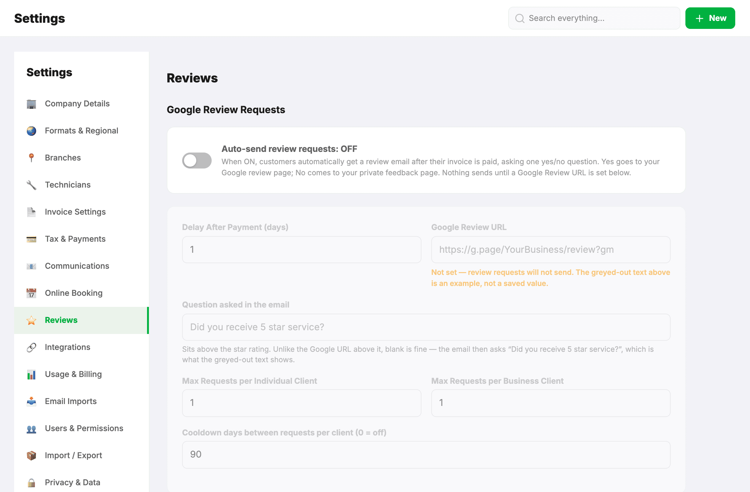 Settings → Reviews: automatic review requests switched off, the delay after payment, an empty Google review link with a warning that nothing sends until it's set, the question asked and limits per customer
