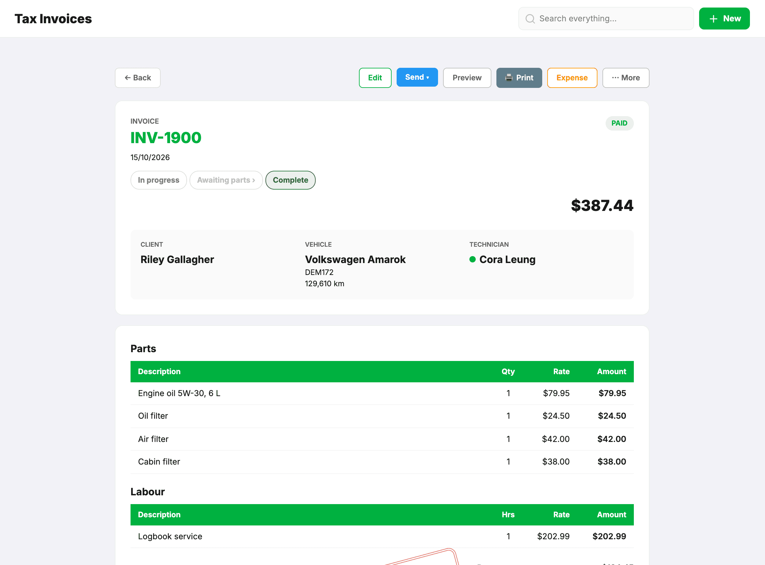 An invoice in MechOS: its number, date and status steps, the client, vehicle and technician, then the parts and labour lines, with Send, Preview and Print along the top