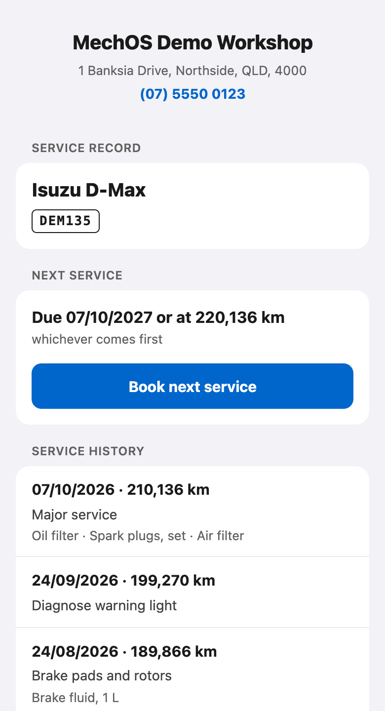 A car's service record page on a phone: the workshop's name, address and phone, the car and its rego, the next service due by date or kilometres, a Book next service button and the service history
