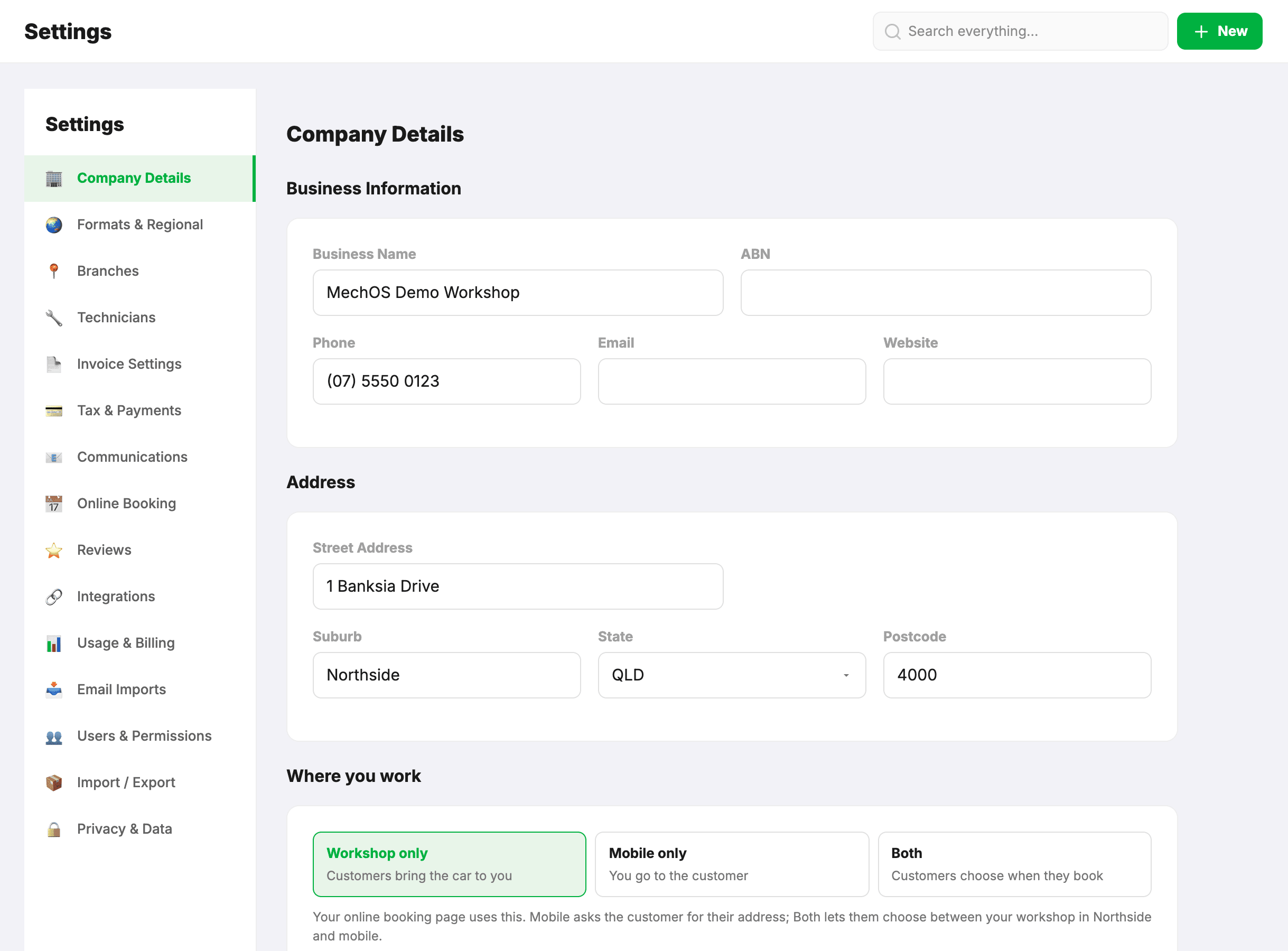 Settings, Company Details: business name, ABN, phone, email, website, address and where you work
