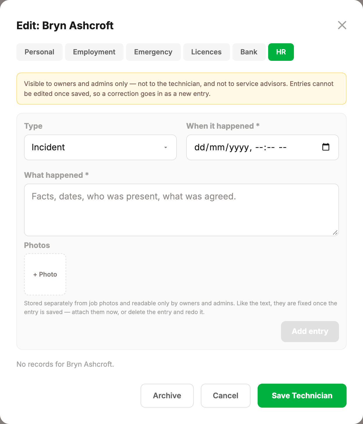A technician's record open at the HR tab: the type of entry, when it happened, what happened and photos, with a note that only owners and admins can see it