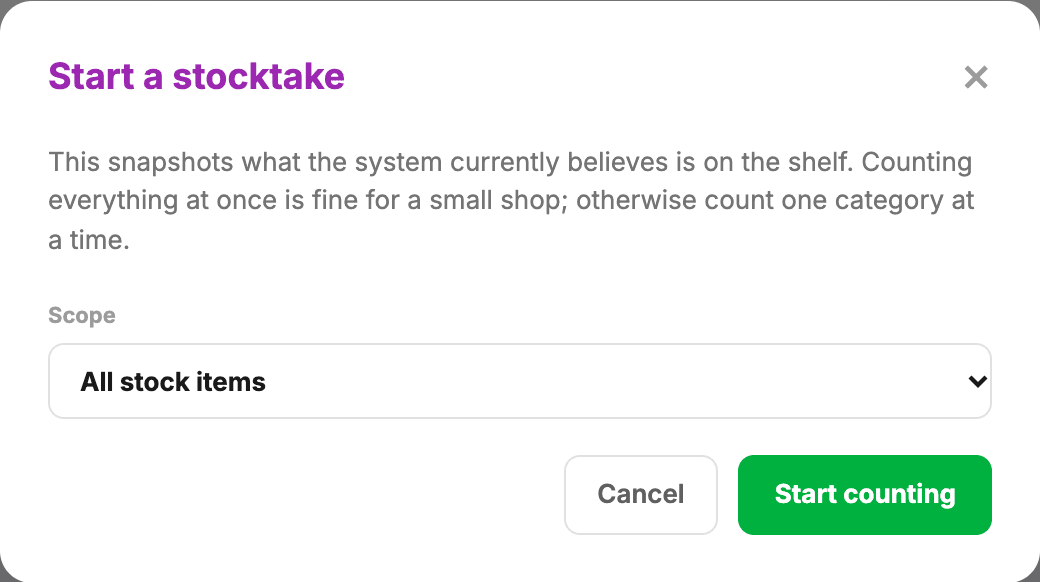 The Start a stocktake box: a note that it snapshots what the system thinks is on the shelf, a scope picker set to all stock items, and Start counting