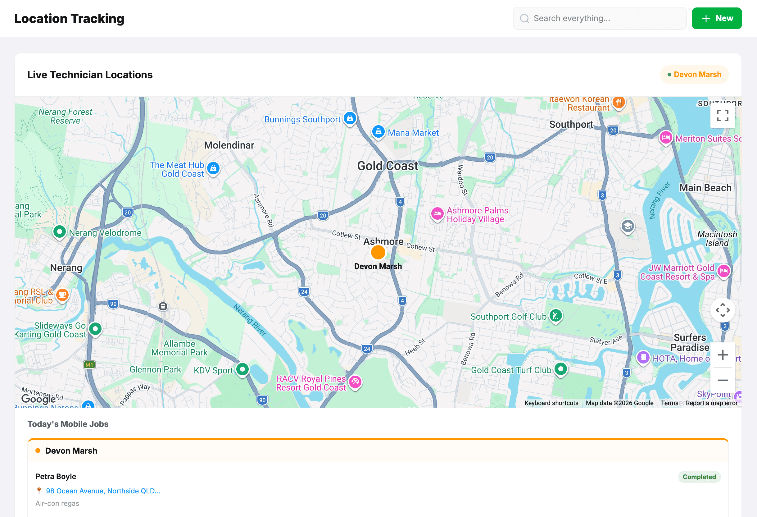 Location Tracking: a map of the Gold Coast with the mobile technician's latest position, and today's mobile jobs listed underneath with their addresses and status
