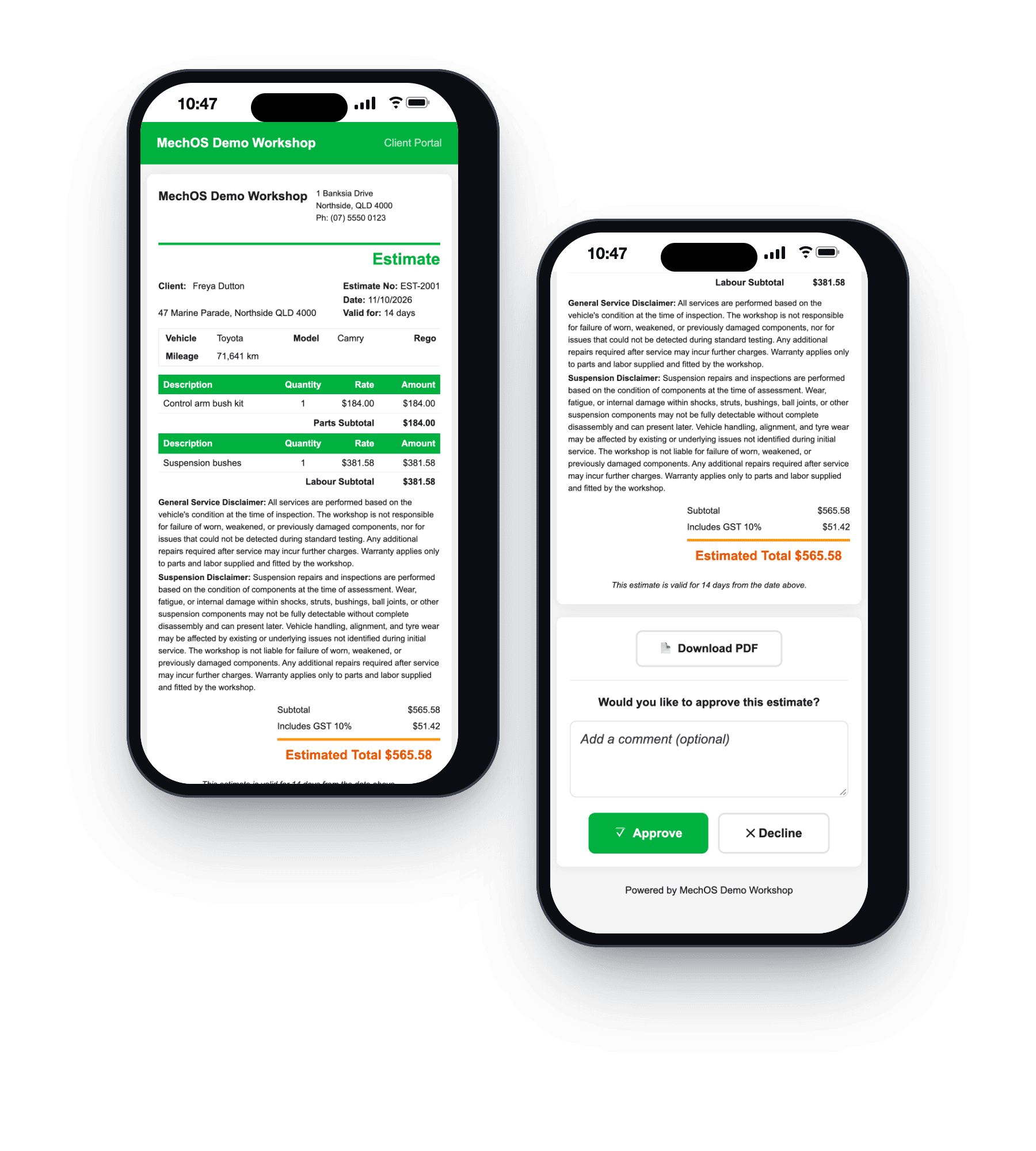 The customer's view on a phone: the workshop's estimate with parts, labour and the total, then Approve and Decline