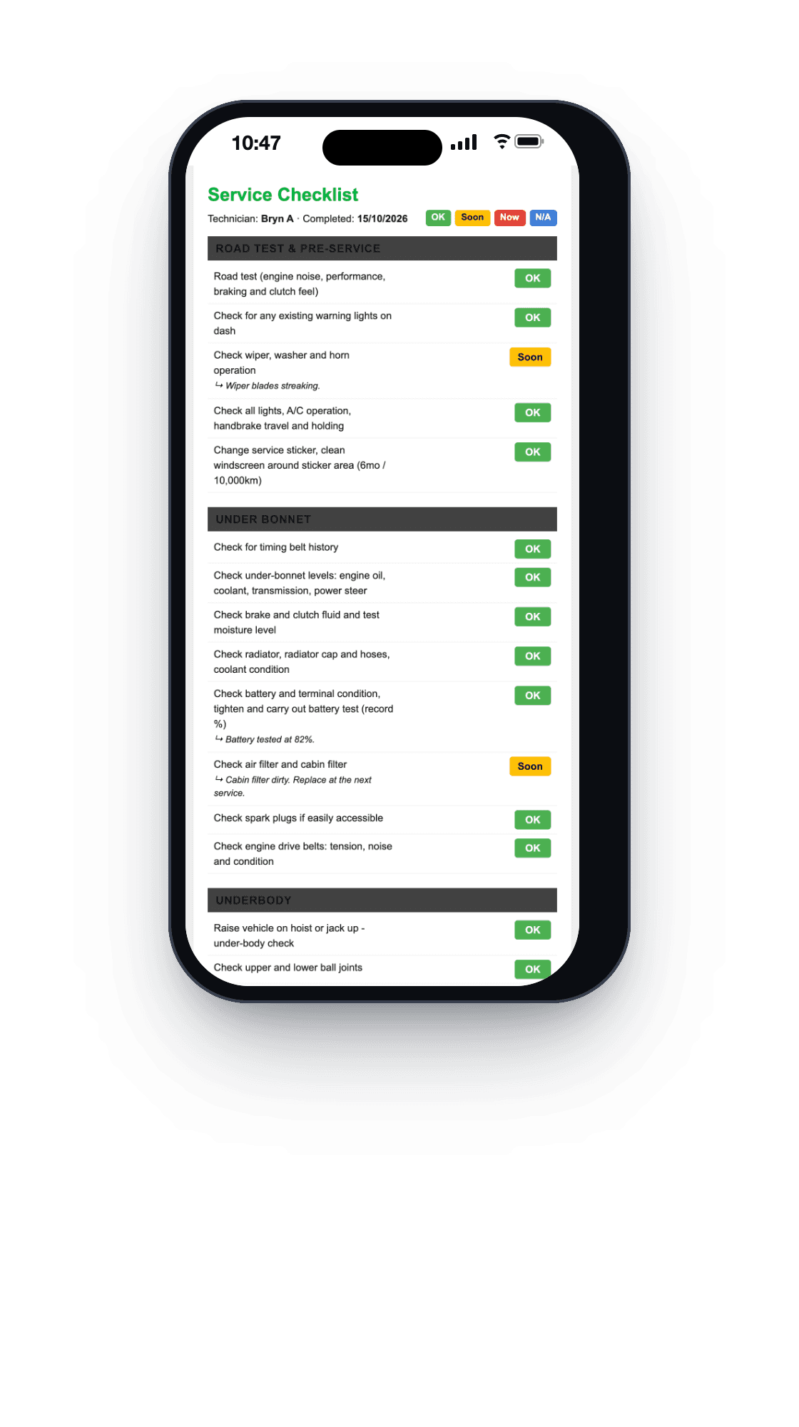 The customer's copy of a service checklist on a phone, each check marked OK or Soon, with the technician's notes