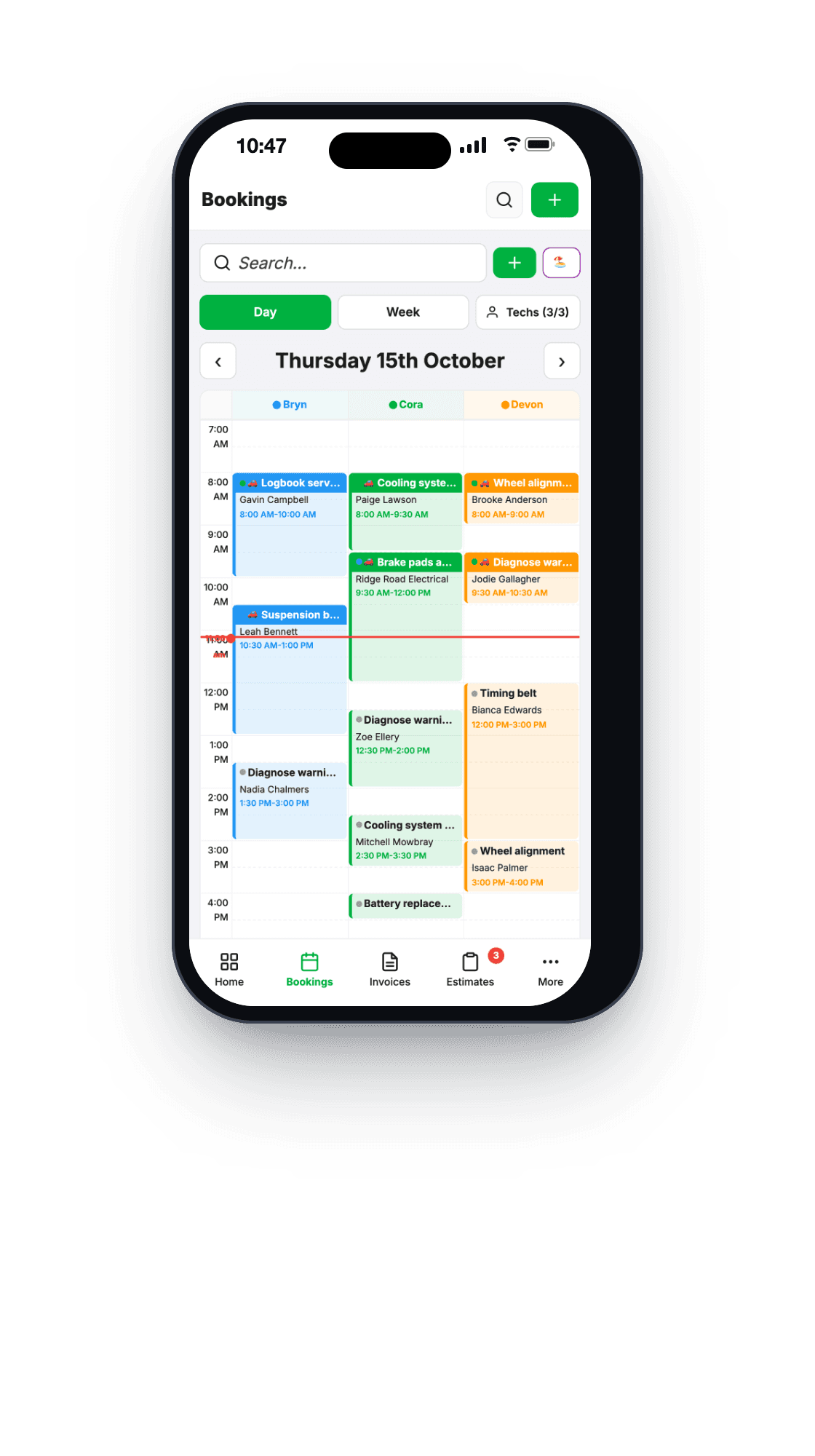 Today's bookings on a phone, one column per technician, the mobile mechanic's jobs alongside the workshop's