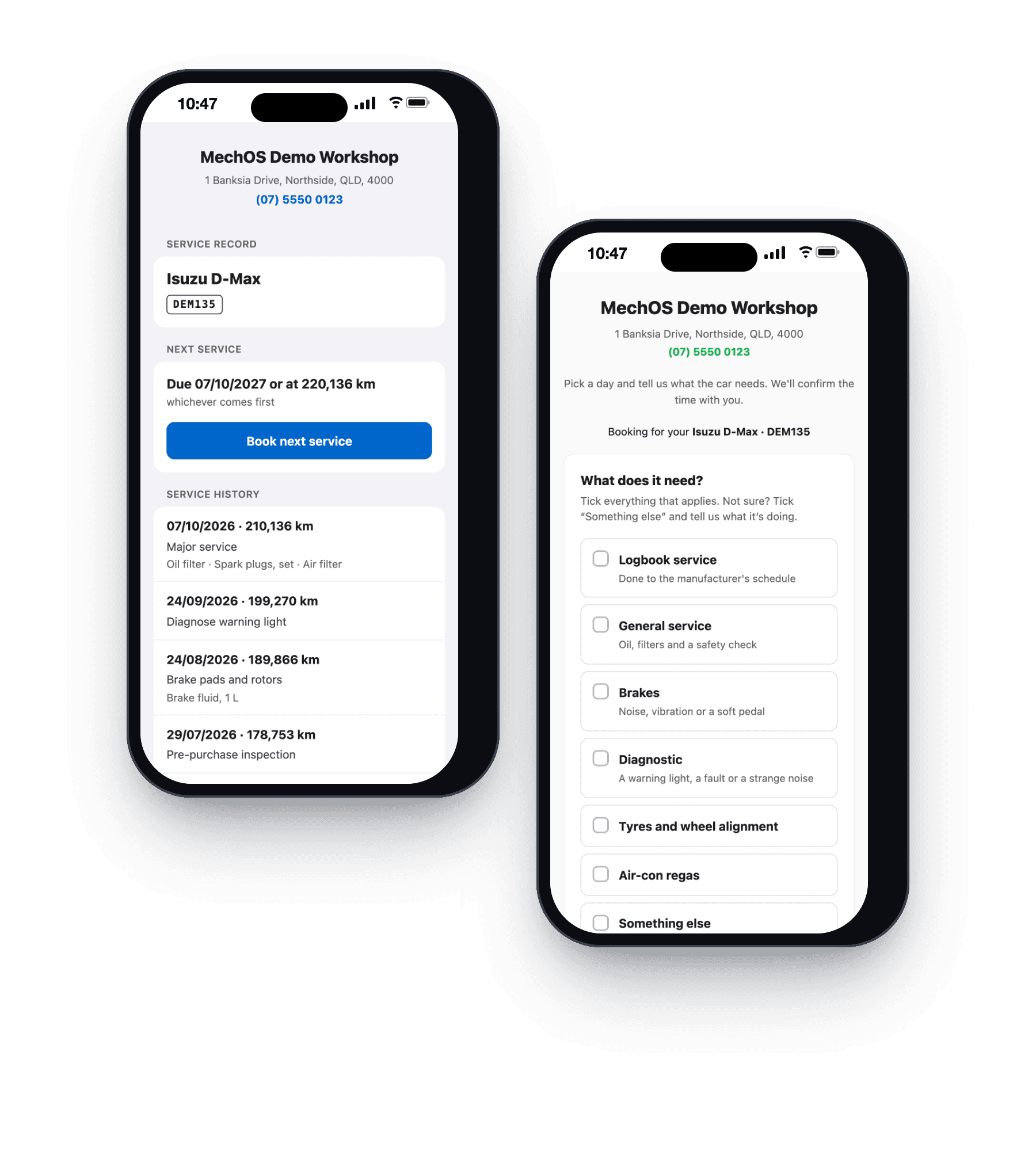 A car's service record on a phone, with the next service due and past visits, beside the booking page it opens with the car already filled in