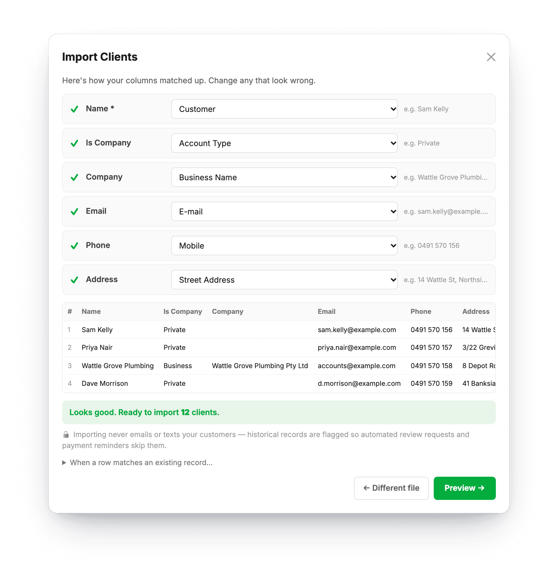 Importing clients into MechOS: an old system's columns (Customer, Mobile, Street Address) matched to MechOS fields with an example of each, a preview of the first rows, and a note that importing never emails or texts customers