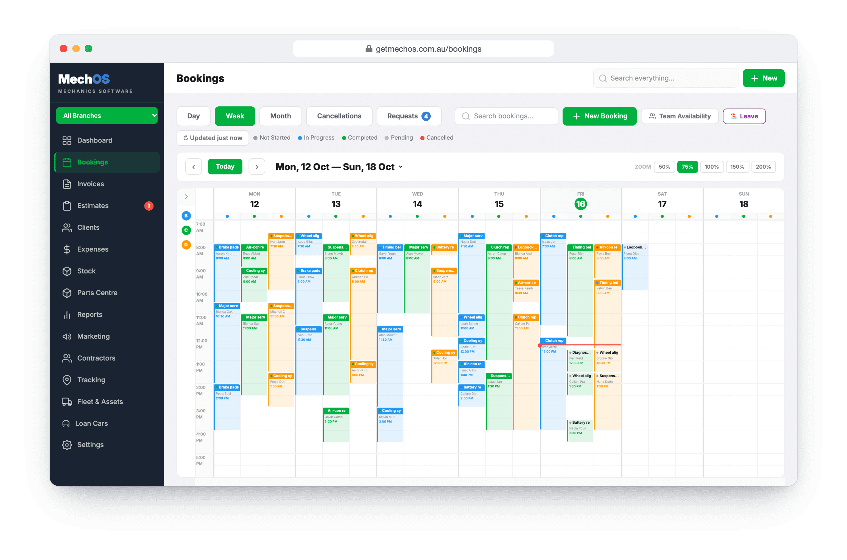 A week of bookings in MechOS, one colour per technician, with four online booking requests waiting